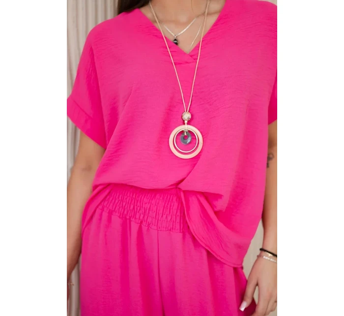 Komplet s náhrdelníkem halenka + kalhoty růžový Komplet s náhrdelníkem halenka + kalhoty růžový