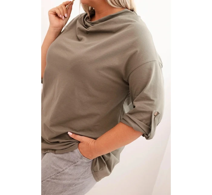 Dámská blůza Plus Size s bavlnou volného střihu s vodním výstřihem khaki
