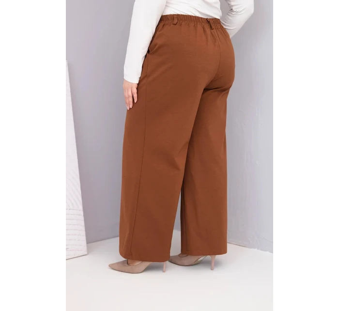 Dámské kalhoty Plus Size s širokou nohavicí a vysokým pasem tmavě camelové