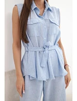 Dámský komplet s vázanou halenkou a širokými kalhotami modrý