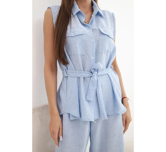 Dámský komplet s vázanou halenkou a širokými kalhotami modrý