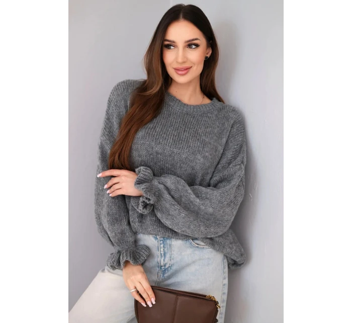 Dámský svetr s přídavkem mohéru a vlny volného střihu šedý