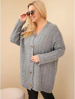Dámský kardigan Plus Size s knoflíky a copánkovým vzorem šedý
