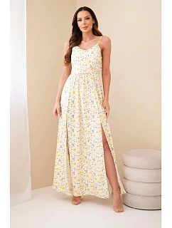Dámské maxi šaty s květinovým vzorem na ramínkách se zavazováním na zádech žlutá