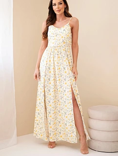 Dámské maxi šaty s květinovým vzorem na ramínkách se zavazováním na zádech žlutá