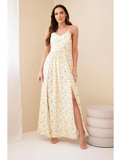 Dámské maxi šaty s květinovým vzorem na ramínkách se zavazováním na zádech žlutá
