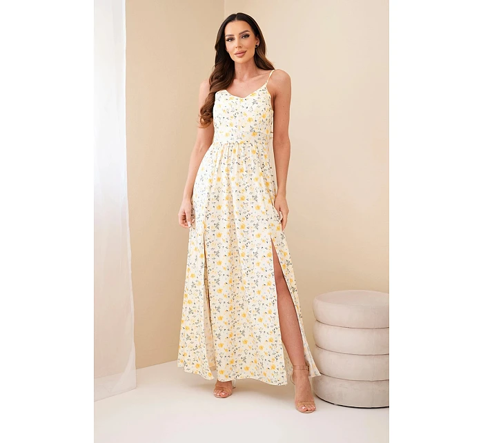 Dámské maxi šaty s květinovým vzorem na ramínkách se zavazováním na zádech žlutá