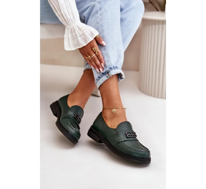 Zazoo 20174 Kožené Elegantní Polobotky Dámské Na Plochém Podpatku Tmavě Zelené