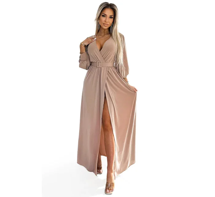 Dlouhé béžové dámské šaty se širokým opaskem a výstřihem model 21876183 - numoco basic