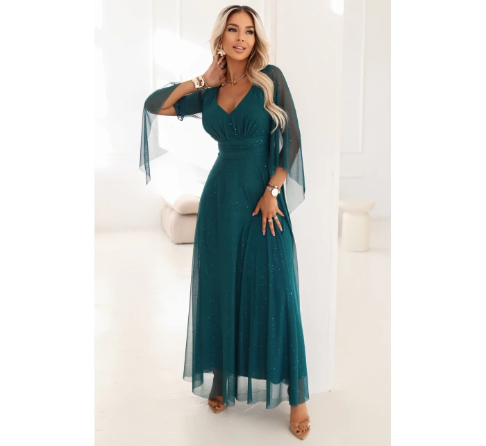 655-2 Dlouhé lehké třpytivé šaty s výstřihem a průhlednými rukávy - smaragdově zelené 655-2 Dlouhé lehké třpytivé šaty s výstřihem a průhlednými rukávy - smaragdově zelené