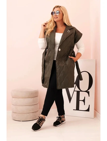 Dámská vesta Plus Size prošívaná s páskem a límcem khaki