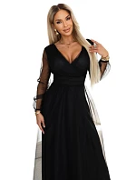 664-3 Dlouhé maxi šaty s tylovými rukávy a obálkovým výstřihem - černé 664-3 Dlouhé maxi šaty s tylovými rukávy a obálkovým výstřihem - černé