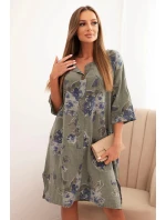 Dámská bavlněná šaty s květinovým vzorem a 3/4 rukávem khaki