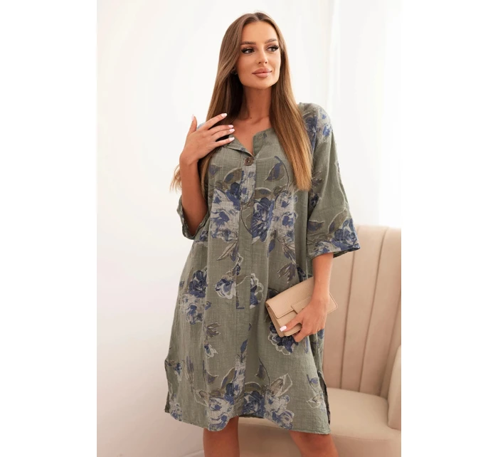 Dámská bavlněná šaty s květinovým vzorem a 3/4 rukávem khaki