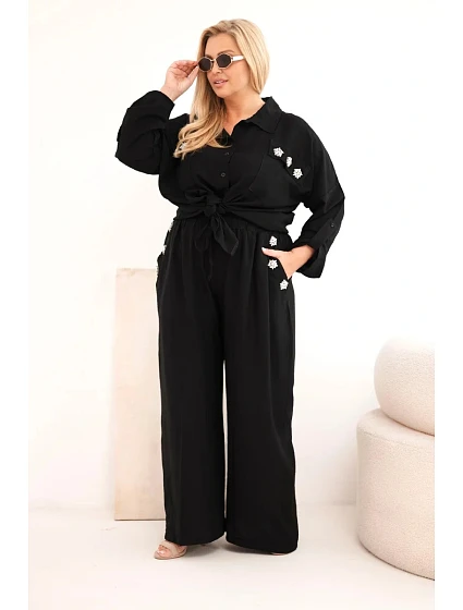 Dámský Plus Size komplet s košilí a širokými kalhotami černý Dámský Plus Size komplet s košilí a širokými kalhotami černý