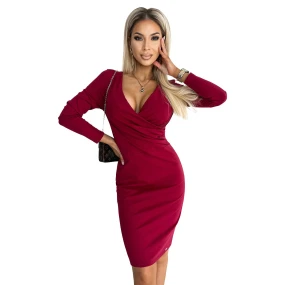 398-2 Elegantní bavlněné šaty s obálkovým výstřihem a dlouhými rukávy - Bordeaux