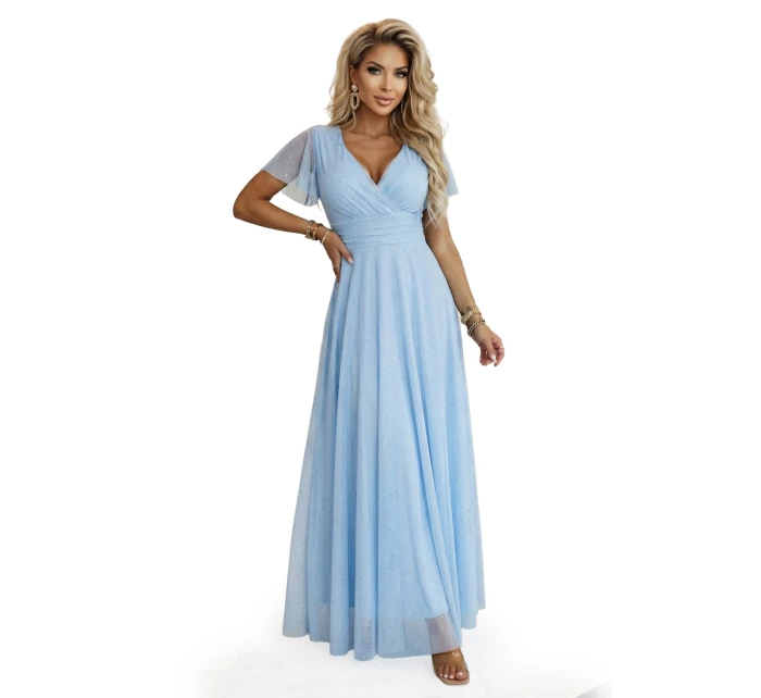 dlouhé třpytivé šaty s výstřihem a krátkými rukávy modré model 22017314 - numoco basic