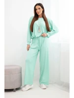 Dámský komplet z viskózy, mikina s přívěskem a široké kalhoty mentolová