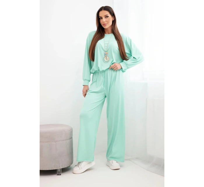 Dámský komplet z viskózy, mikina s přívěskem a široké kalhoty mentolová