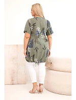 Dámská bavlněná halenka Plus Size s krátkým rukávem a zavazováním dole khaki