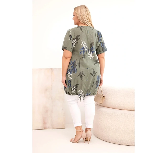 Dámská bavlněná halenka Plus Size s krátkým rukávem a zavazováním dole khaki