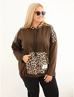 Dámská mikina Plus Size z viskózy s kapucí a leopardími vsadkami hnědá Dámská mikina Plus Size z viskózy s kapucí a leopardími vsadkami hnědá