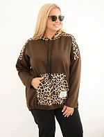 Dámská mikina Plus Size z viskózy s kapucí a leopardími vsadkami hnědá