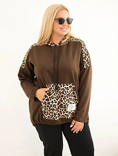 Dámská mikina Plus Size z viskózy s kapucí a leopardími vsadkami hnědá