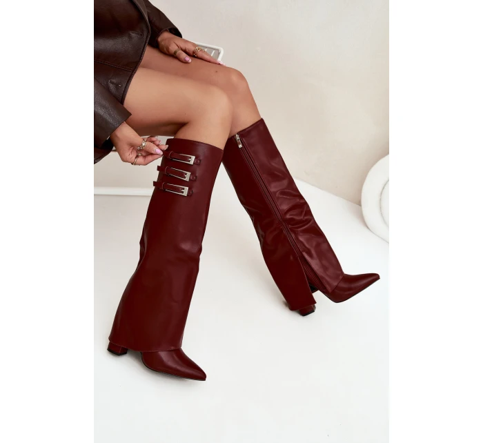 Dámské Kozačky Na Podpatku  Pásky S Přezkami Bordové model 21704830 - Boto