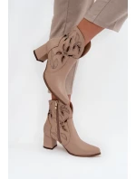 Kožené vzorované boty na podpatku  světle béžové model 21713228 - Zazoo