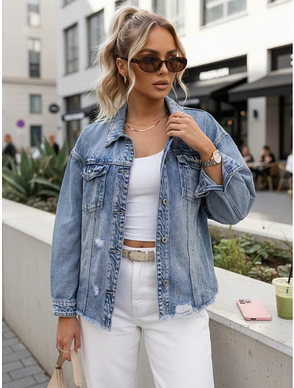 Dámská džínová bunda s odřenou modrou FashionStreet TY5687 Dámská džínová bunda s odřenou modrou FashionStreet TY5687