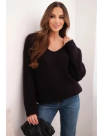 Dámský svetr s příměsí vlny s výstřihem do V švestkový Dámský svetr s příměsí vlny s výstřihem do V švestkový