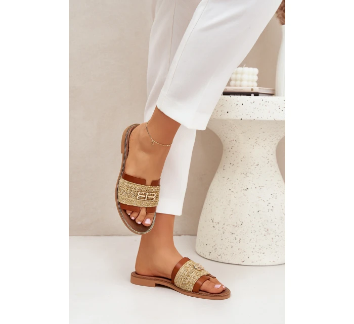 Kožené Pantofle S Dekorativním Detailem A Pletením Hnědé Zazoo 40426