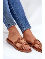 Dámské zdobené ploché pantofle – camel Adivrae