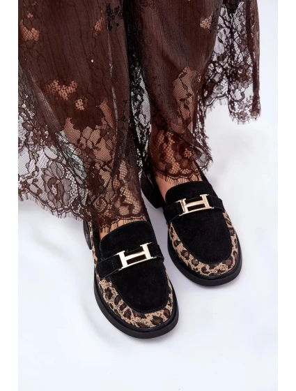 Dámské semišové mokasíny s panterkovým vzorem Vinceza – černé
