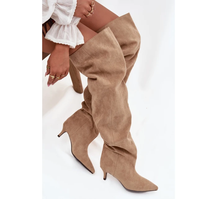 Nazouvací dámské kozačky na jehlovém podpatku Ysolienne – béžové