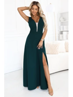 648-1 Módní maxi šaty s rozparkem na nohavicích - lahvově zelené