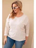 Dámská blůza Plus Size s potiskem a perlami béžová