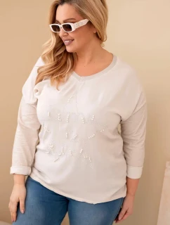 Dámská blůza Plus Size s potiskem a perlami béžová