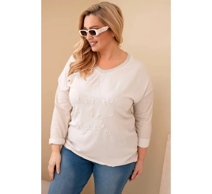 Dámská blůza Plus Size s potiskem a perlami béžová