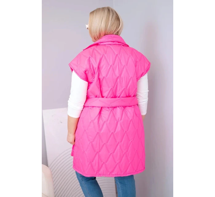 Dámská vesta Plus Size prošívaná s páskem a límcem neonově růžová