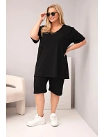 Dámská bavlněná souprava Plus Size s halenkou a kraťasy černá Dámská bavlněná souprava Plus Size s halenkou a kraťasy černá