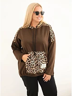 Dámská mikina Plus Size z viskózy s kapucí a leopardími vsadkami hnědá Dámská mikina Plus Size z viskózy s kapucí a leopardími vsadkami hnědá