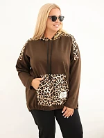 Dámská mikina Plus Size z viskózy s kapucí a leopardími vsadkami hnědá