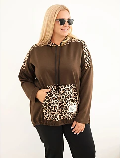 Dámská mikina Plus Size z viskózy s kapucí a leopardími vsadkami hnědá