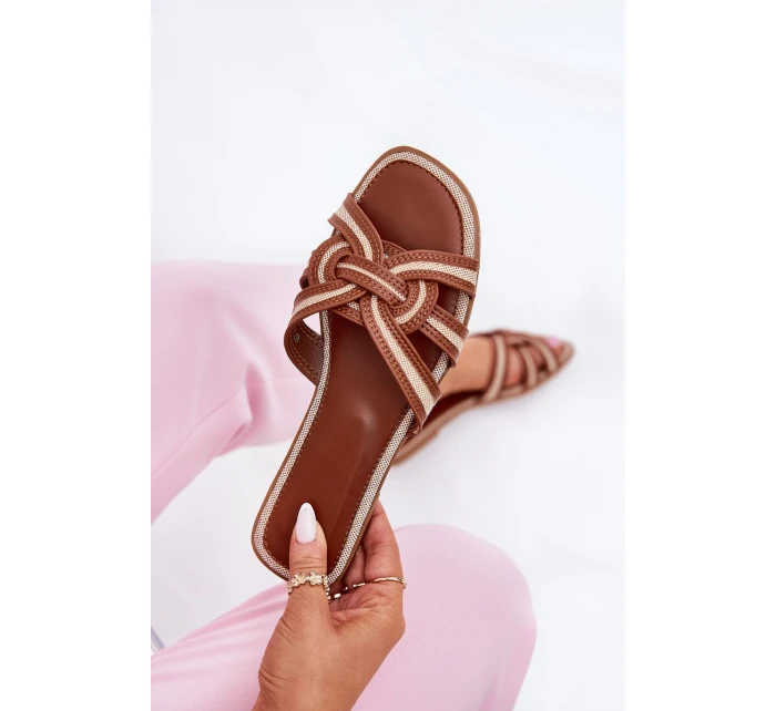 Dámské Ploché Pantofle S Propletenými Pásky Hnědé Acimine Dámské Ploché Pantofle S Propletenými Pásky Hnědé Acimine