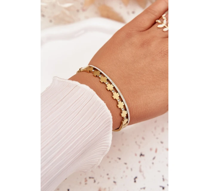 Náramek ze nerezové oceli zdobený čirými kamínky zlatý