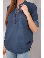 Dámská bavlněná košilová halenka s krátkým rukávem a model 22048803 tmavě modrá - K-Fashion