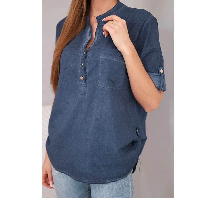 Dámská bavlněná košilová halenka s krátkým rukávem a model 22048803 tmavě modrá - K-Fashion