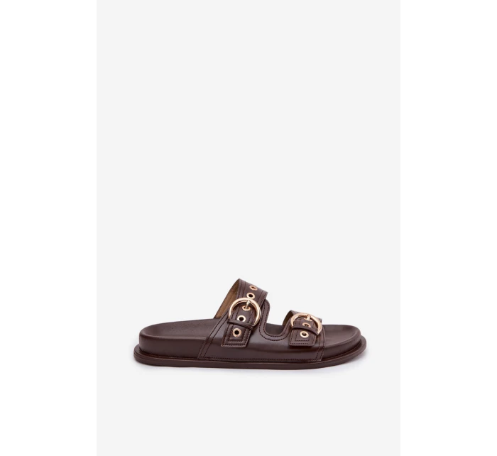 Dámské pantofle se zlatými přezkami kůže čokoládové model 21943360 - Boto